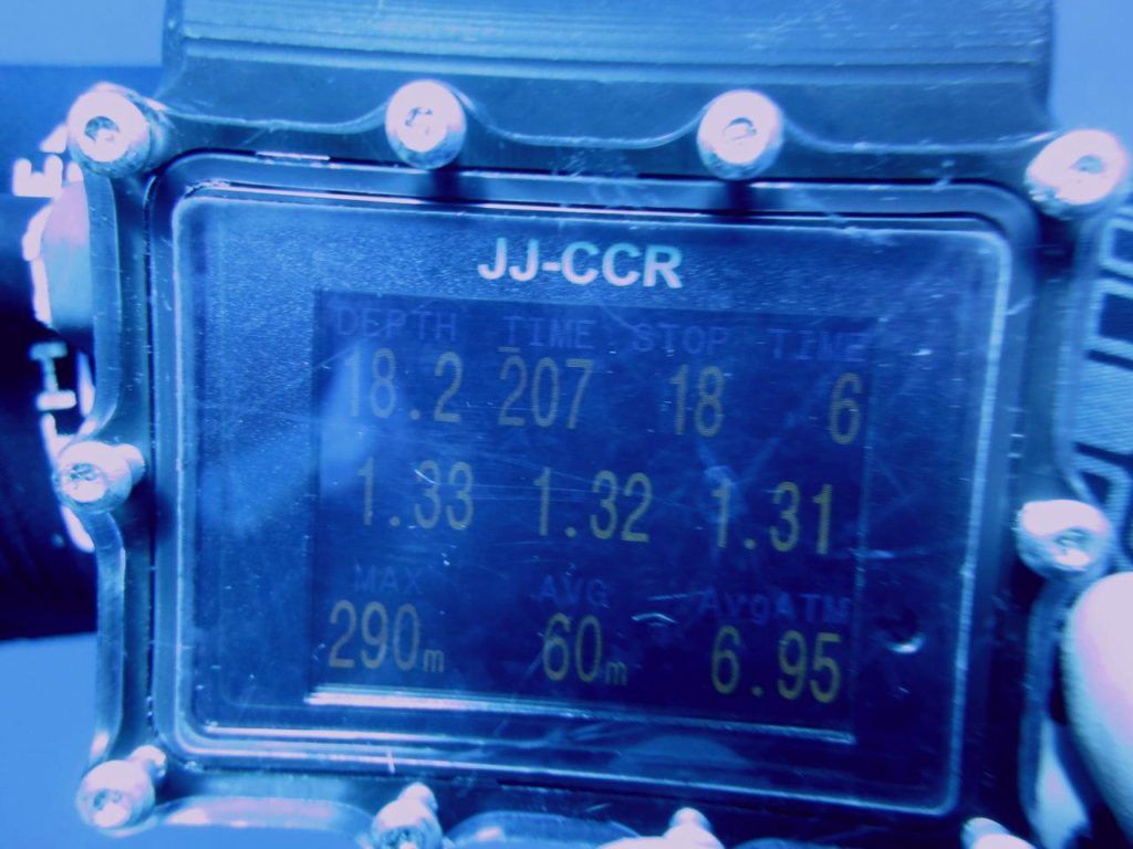 JJ-CCR dive computer reading 290 metres maximum depth